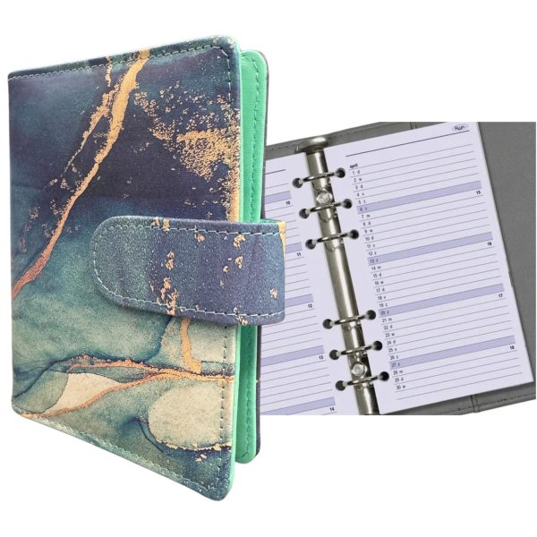 Pocket Junior Ring weekagenda 2025 (inclusief maandplanner voor 2025 en 2026) - Leer - Marmerlook Blauw Groen Goud – Navulbaar – Cadeau tip - Organizer - Planner - Agenda - Afbeelding 4